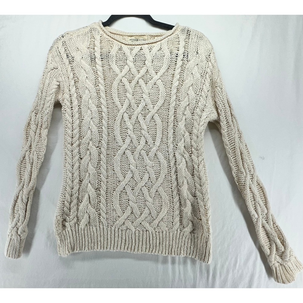 Denim & Supply Ralph Lauren Cream Cable Knit Sweater Womens XS Ivory Cotton